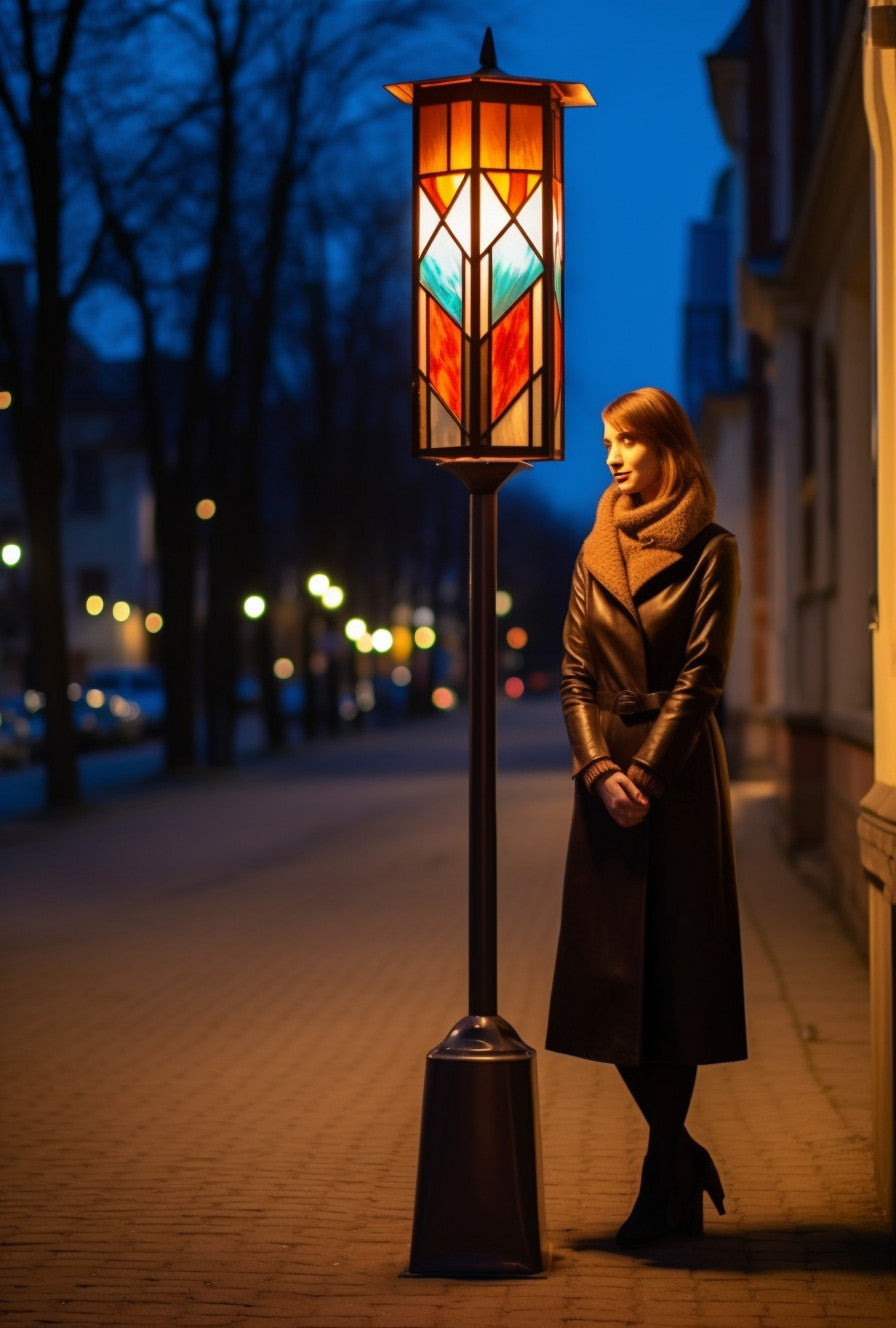 "Dobrutro" - Latarnia uliczna ze stali z witrażem. Nowoczesny design.