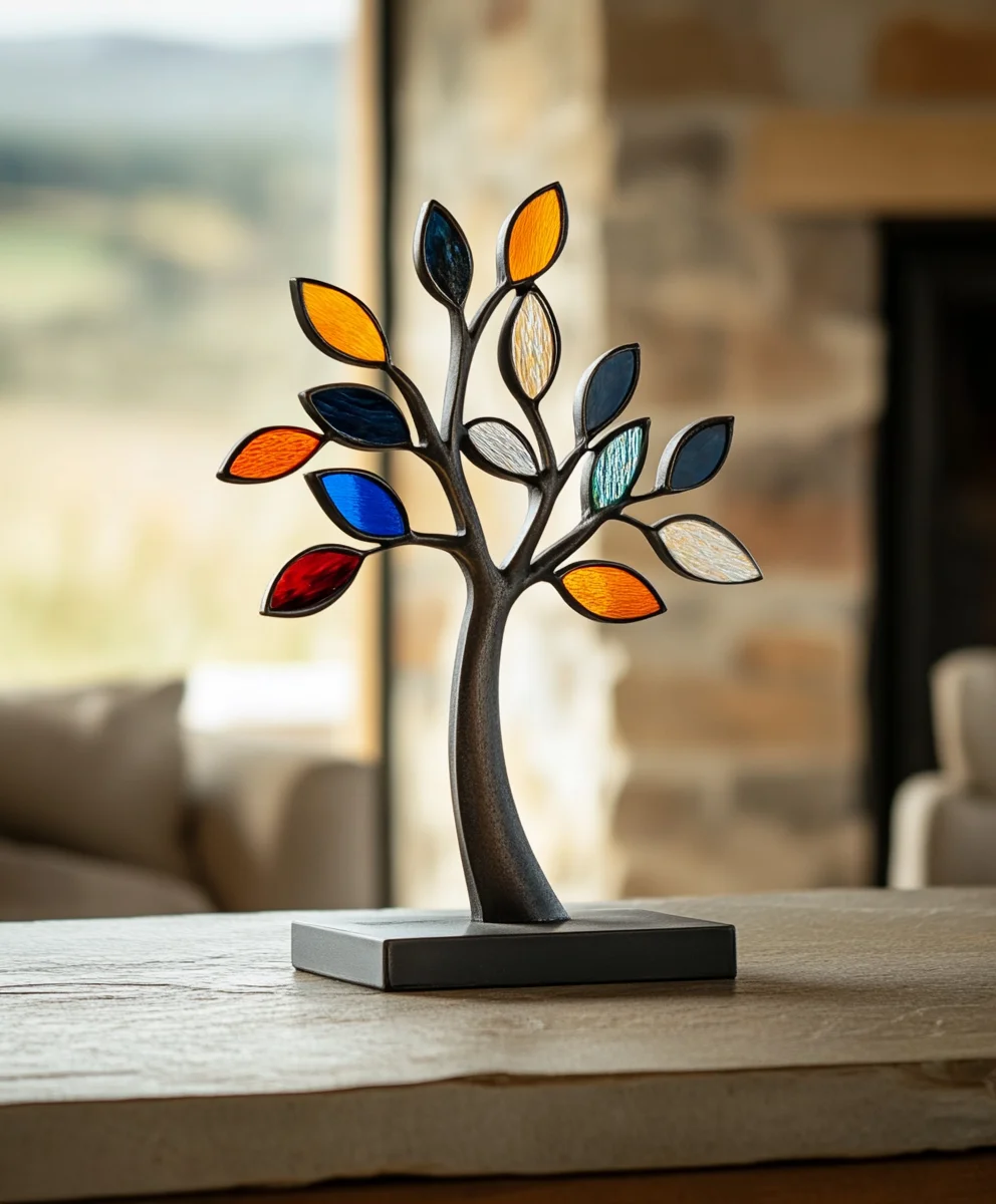 metalowe drzewko z witrażem