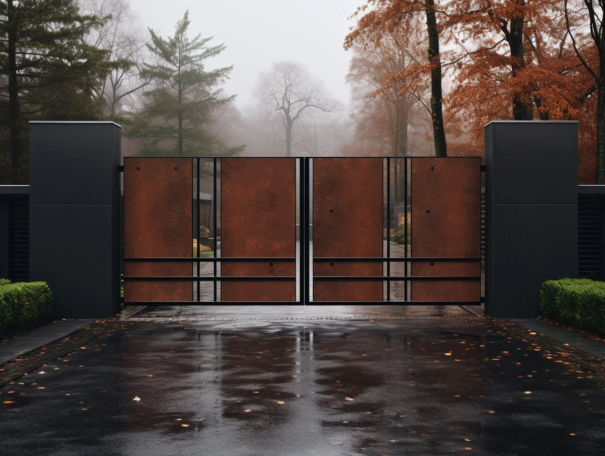 Ekologiczna brama wjazdowa, metalowa COR-TEN® - bc05