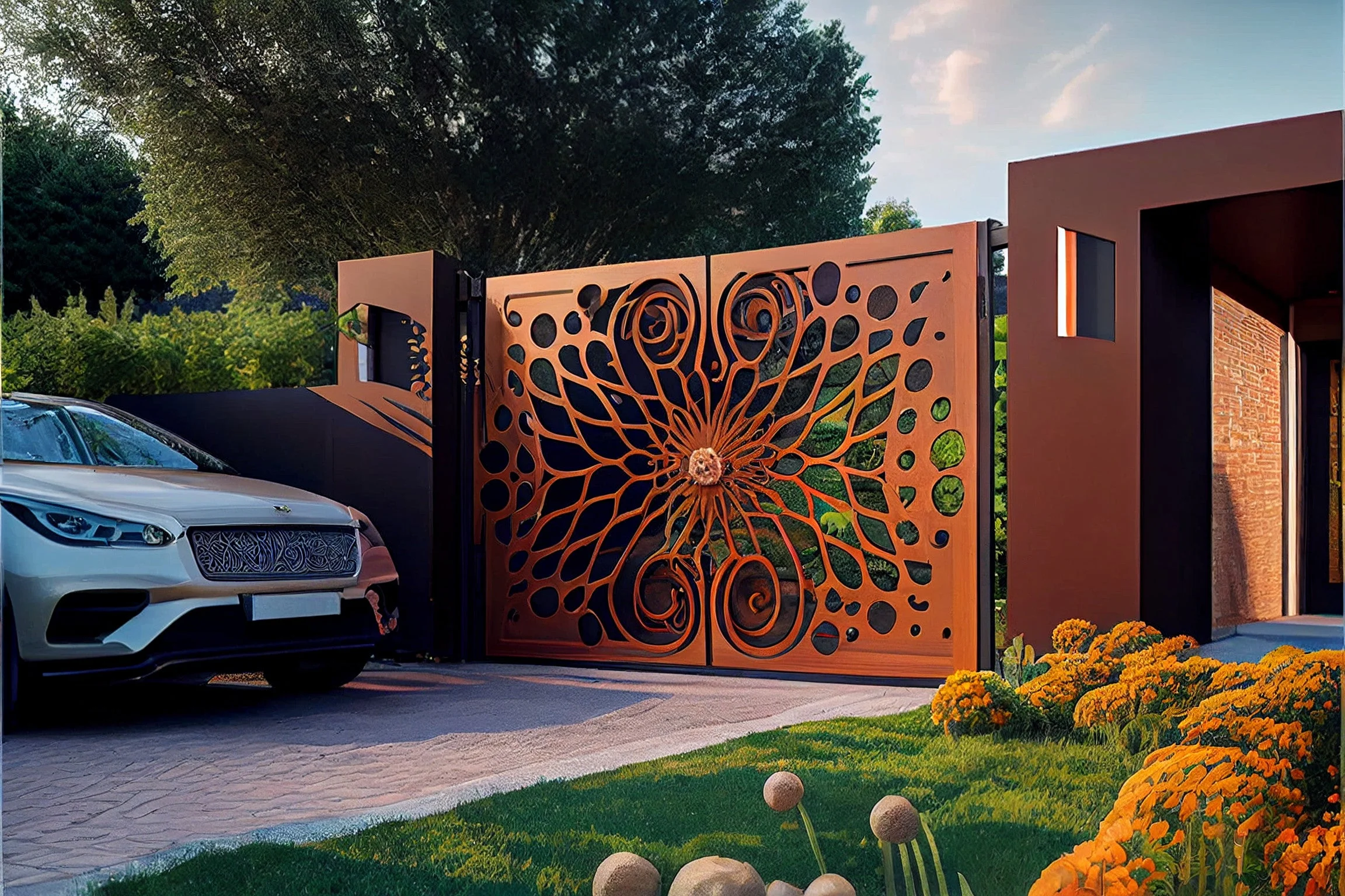 Kwiat życia - Brama automatyczna ze stali COR-TEN®