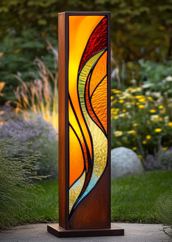 Lampa ogrodowa. Cor-ten, witraż, LED
