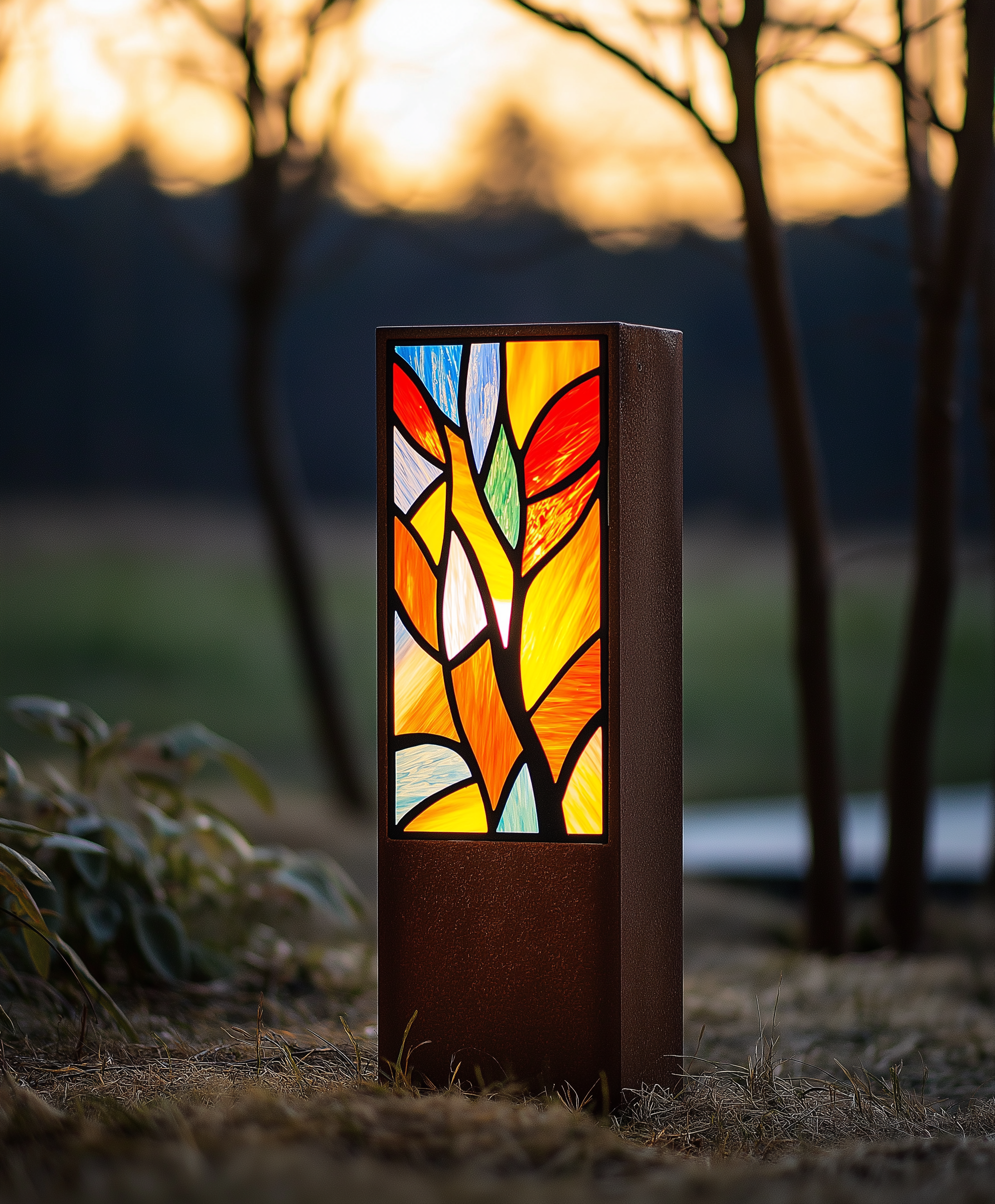 Lampa ogrodowa. Cor-ten, witraż, LED