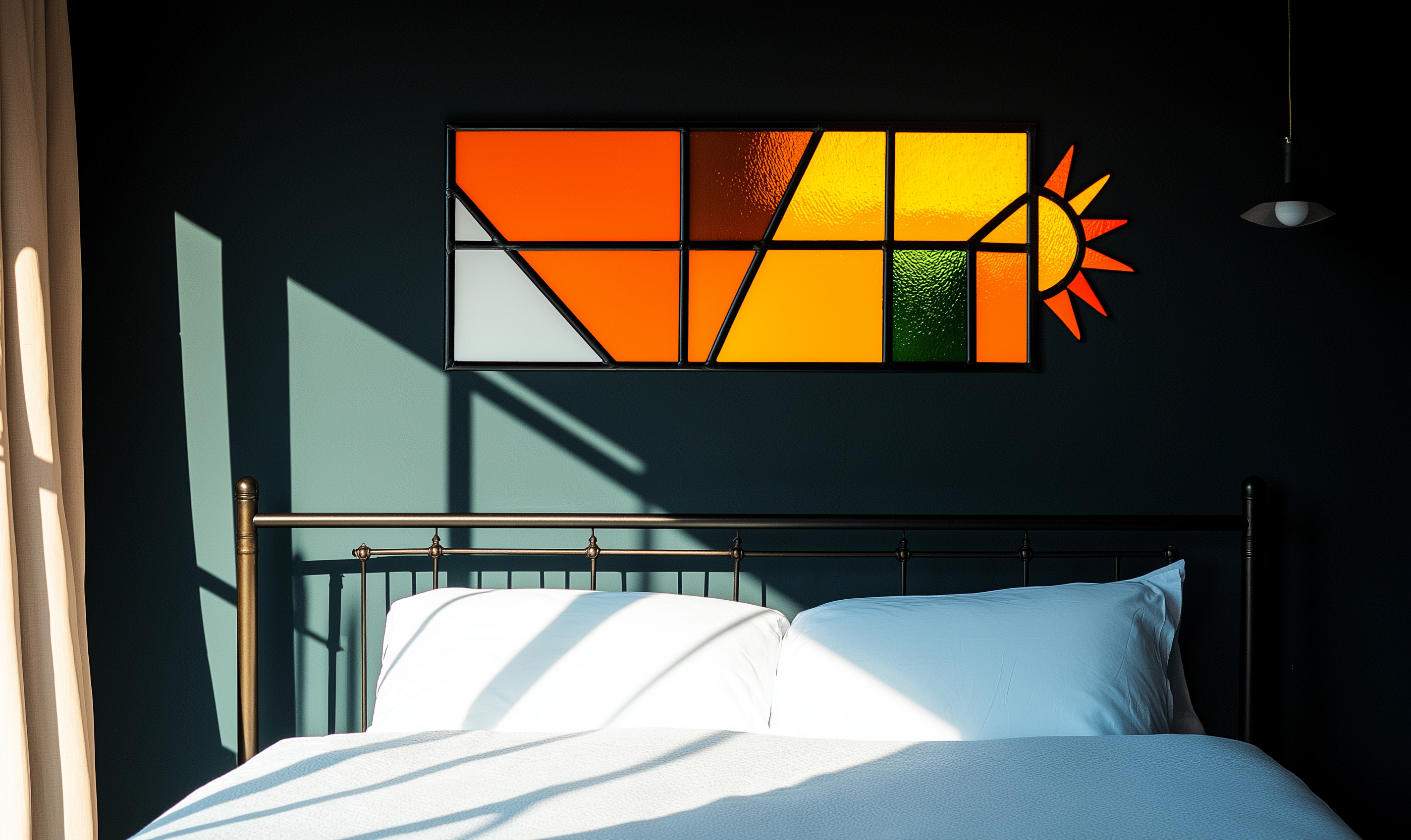 Łóżko kute i witraż