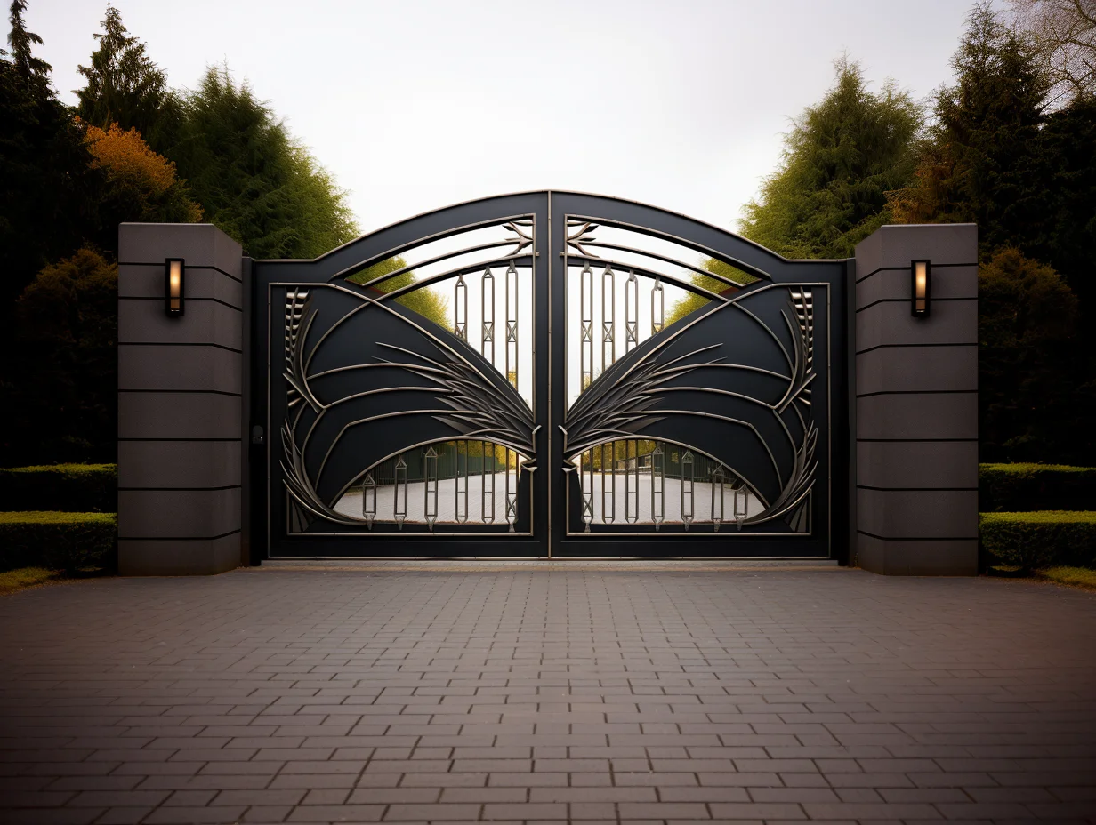 Nowoczesna, kuta brama wjazdowa- Futurystyczne Art Deco
