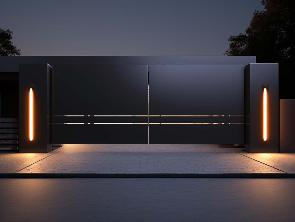 Nowoczesna, kuta brama wjazdowa z podświetleniem LED