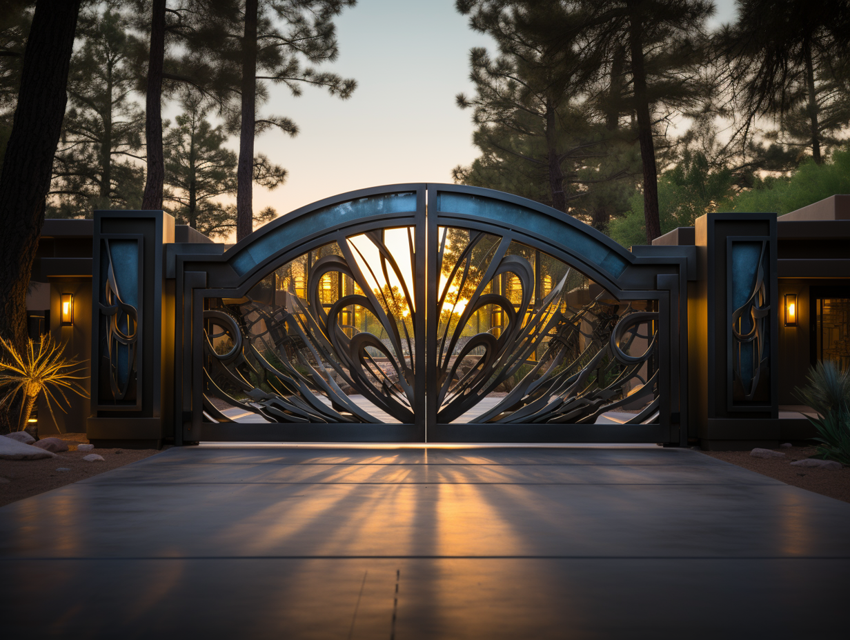 Nowoczesna, metalowa brama wjazdowa - Art Deco