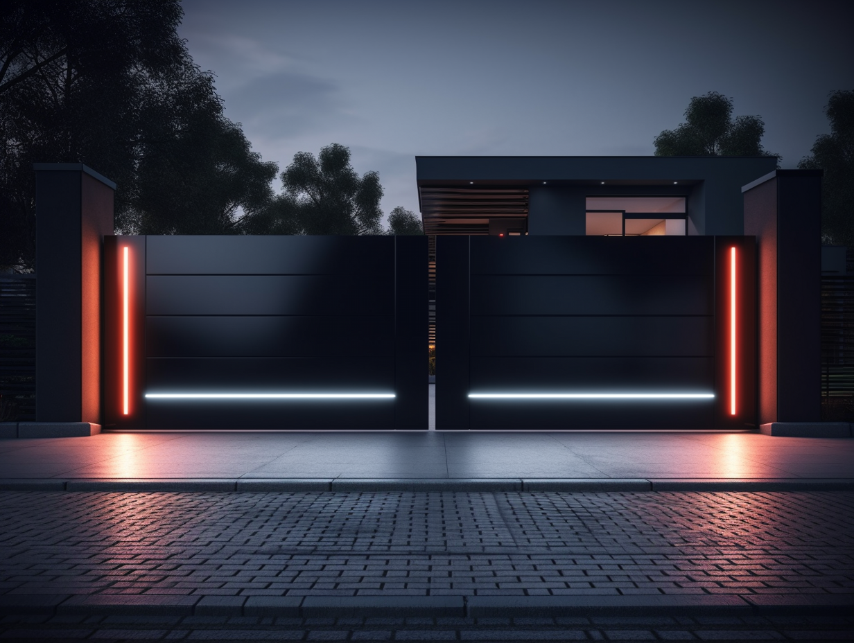 Nowoczesna, metalowa brama wjazdowa z LED