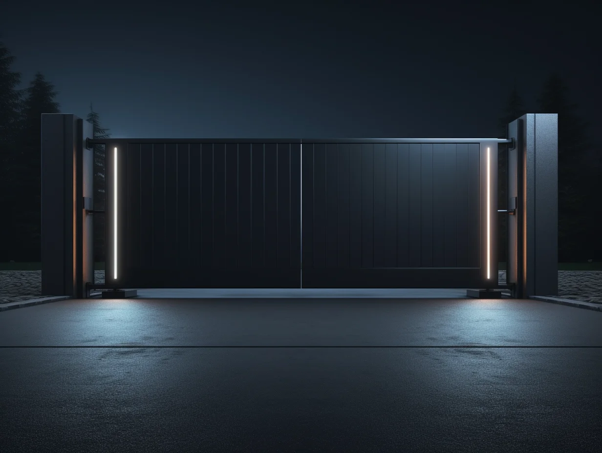 Nowoczesna, metalowa brama wjazdowa z podświetleniem LED