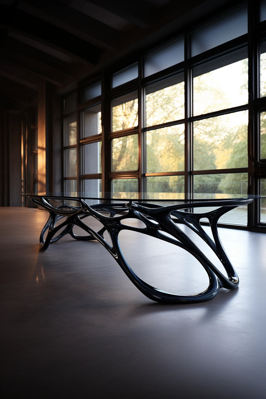 Stół od projektanta ze stali ze szklanym blatem - ręcznie kuty