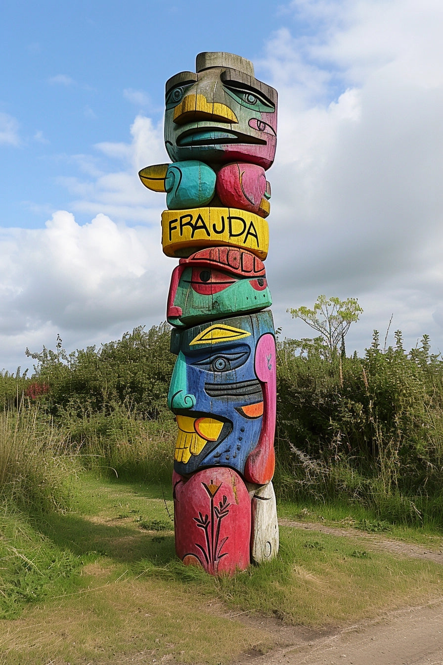 Totem artystyczny, rzeźbiony z drewna.