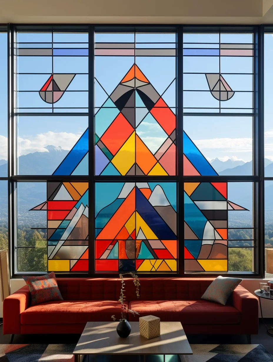 Witraż z motywem górskim. Abstrakcja. Ręcznie tworzony na wymiar