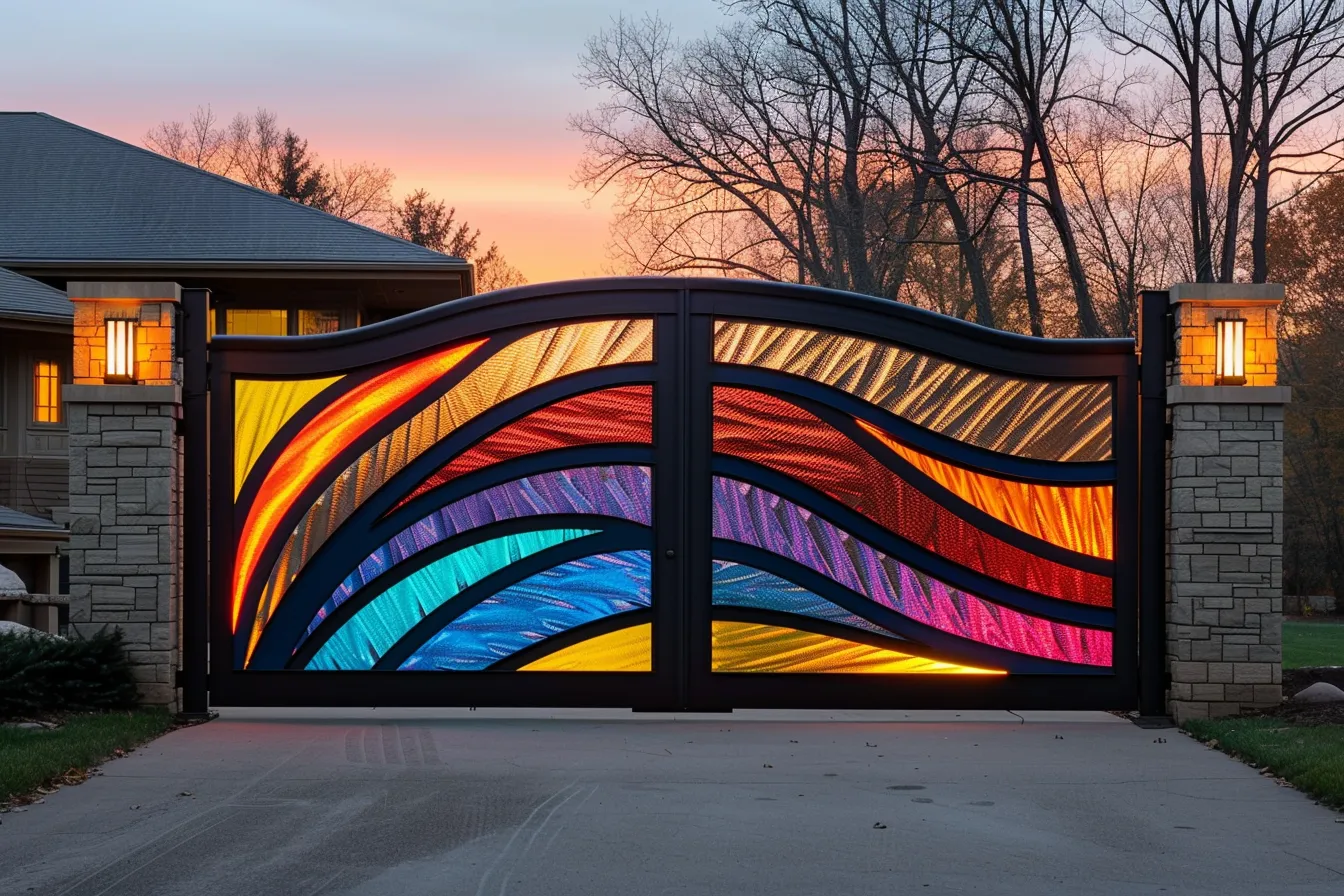 Artystyczna Brama "Symfonia Kolorów" – Stal i Witrażowe Światło