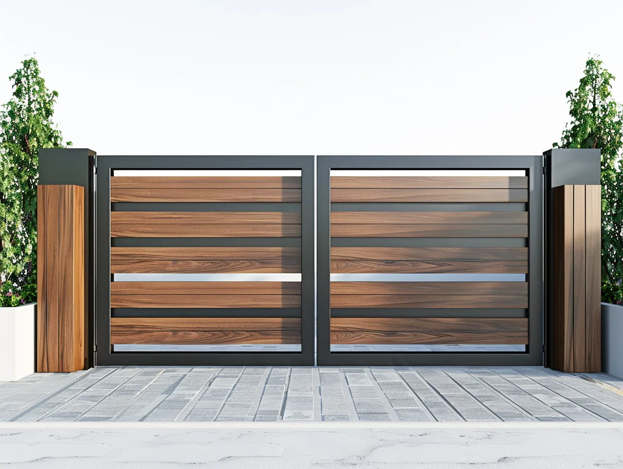 Brama Wjazdowa "Modern Industrial" - Pasy Drewna i Ciemna Stal