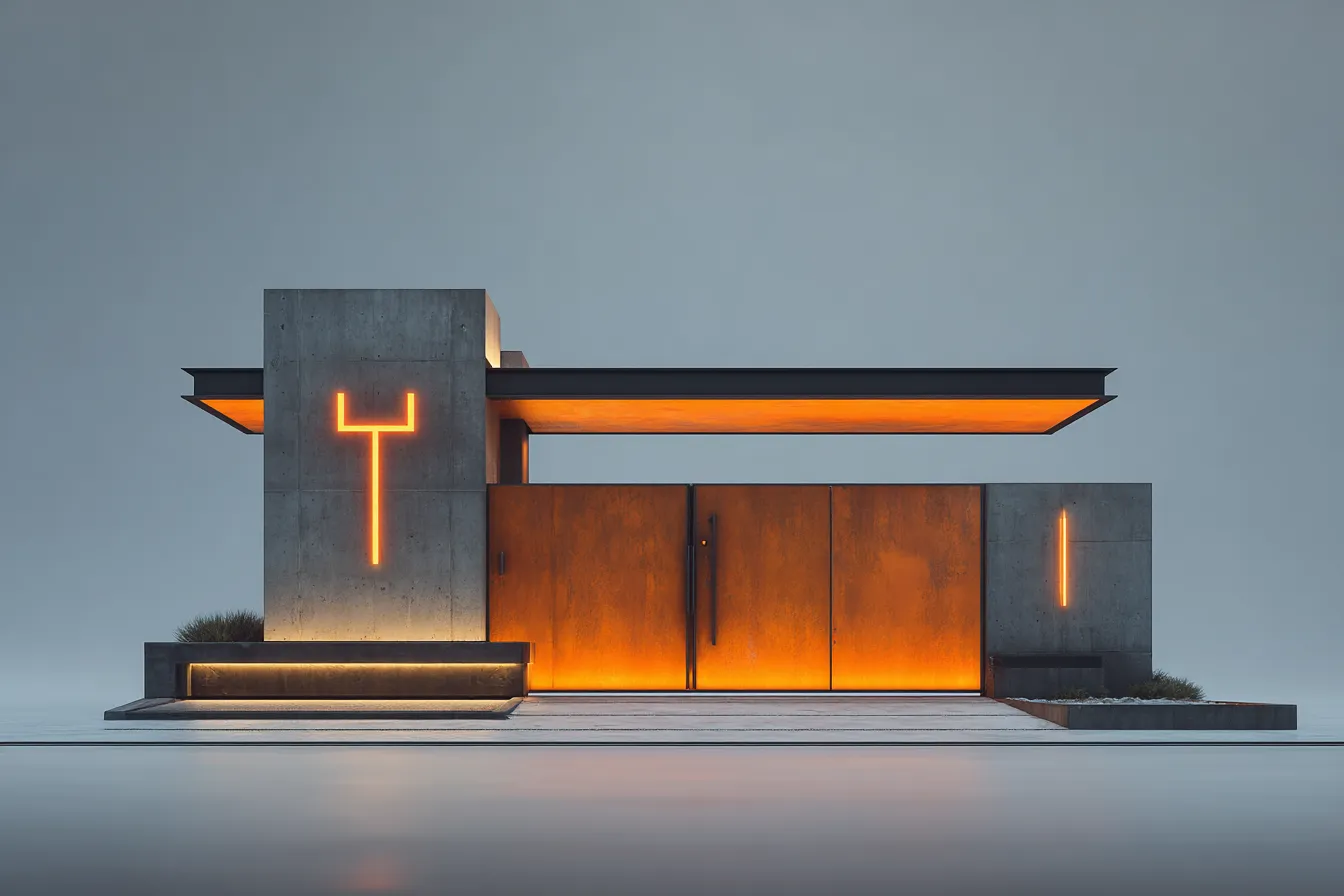 Futurystyczna Brama Wejściowa "Neonowa Twierdza" – Beton i Pomarańcz