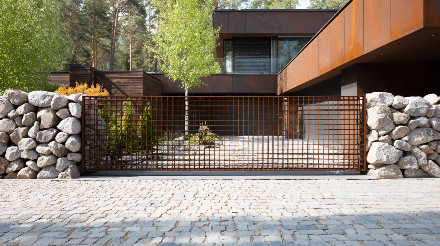 Nowoczesna Brama Corten "Sieć Industrialna" – Fuzja Metalu i Kamienia